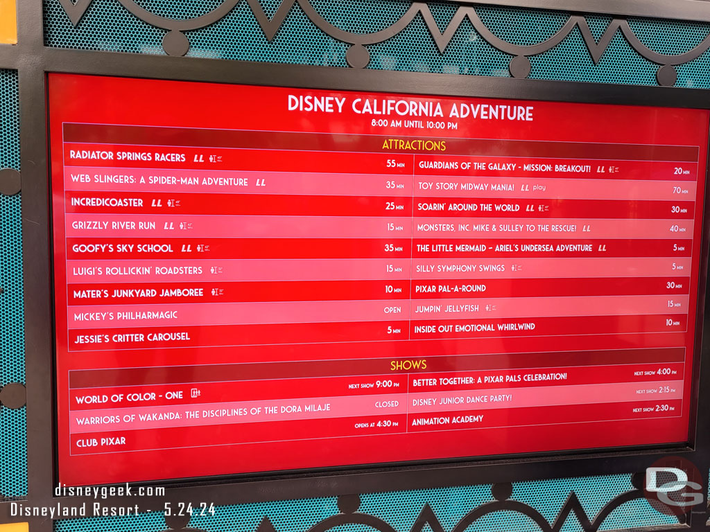 2:02pm - Disney California Adventure wait times.