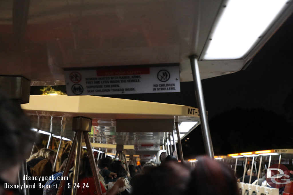 9:38pm - Onboard a tram and ready to depart.