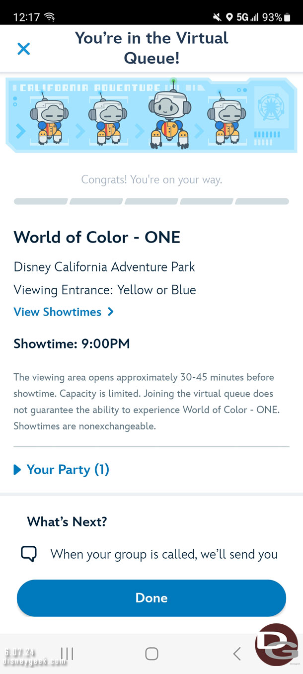 Picked up a Virtual Queue spot for World of Color - One Tonight.