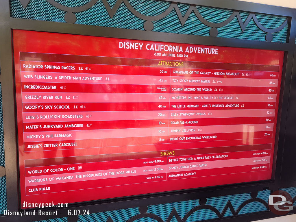 1:54pm - Disney California Adventure wait times