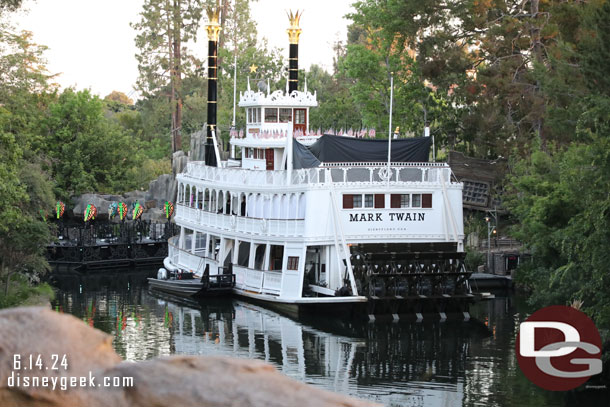 The Mark Twain and other Fantasmic boats preparing for the show this evening.