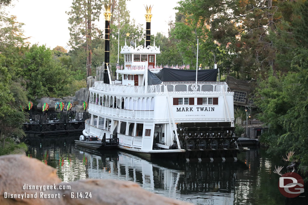 The Mark Twain and other Fantasmic boats preparing for the show this evening.