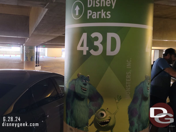 7:22am - Directed into a spot on the Monsters Inc level of the Pixar Pals Parking Structure this morning.