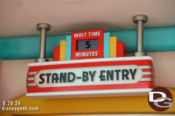 9:10am - Five Minute wait posted for Mickey and Minnie's Runaway Railway