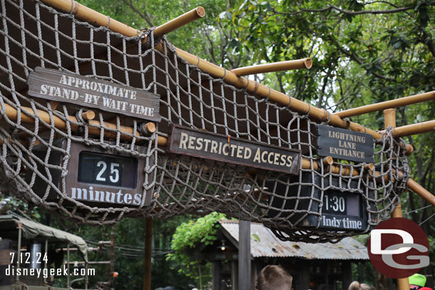 1:30pm - 25 minute wait posted for Indiana Jones