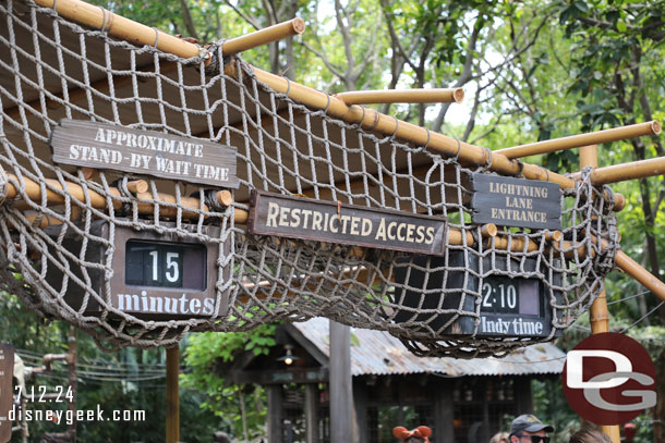 Posted wait for Indiana Jones 15 minutes at 2:10pm on a Friday in July.