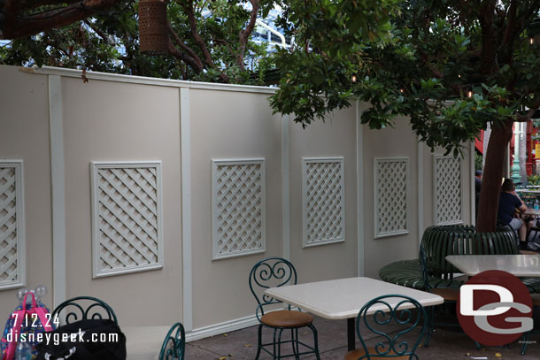 Walls still up blocking the seating area next to the meet and greet location in Paradise Gardens