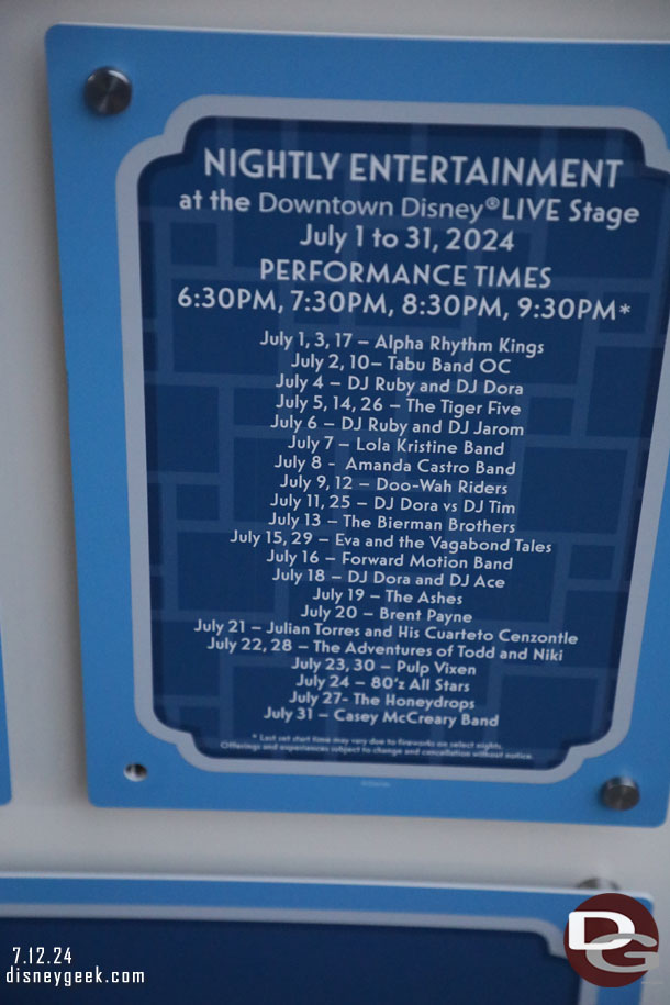 The July entertainment schedule for Downtown Disney