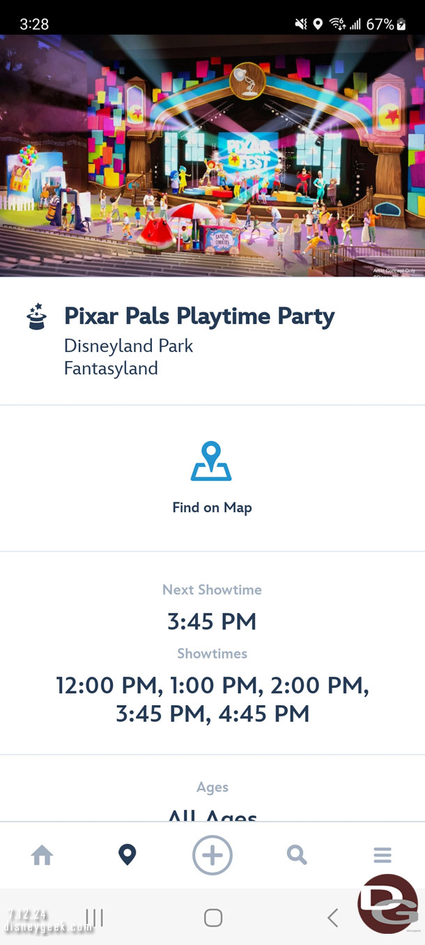 The Pixar Pals Playtime Party has show times in the app.