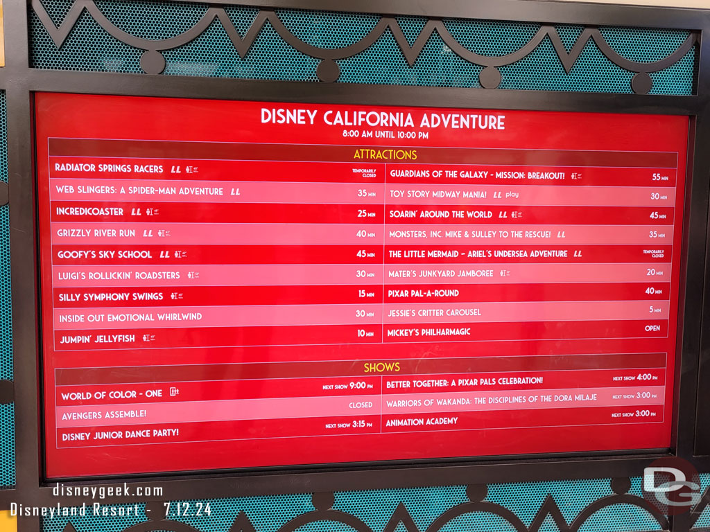 2:58pm - Disney California Adventure wait times