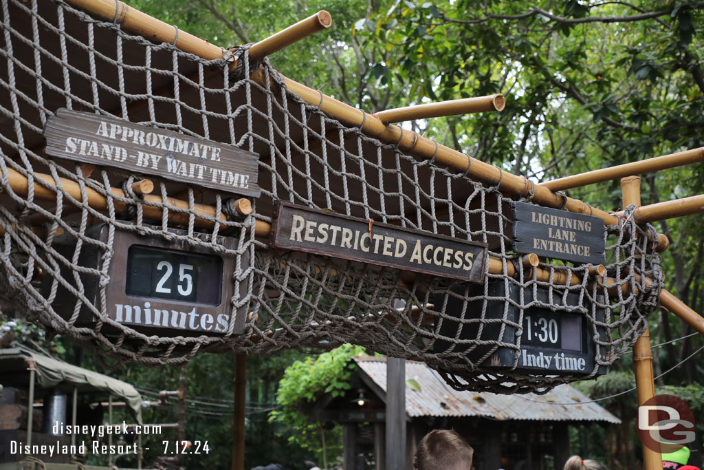 1:30pm - 25 minute wait posted for Indiana Jones