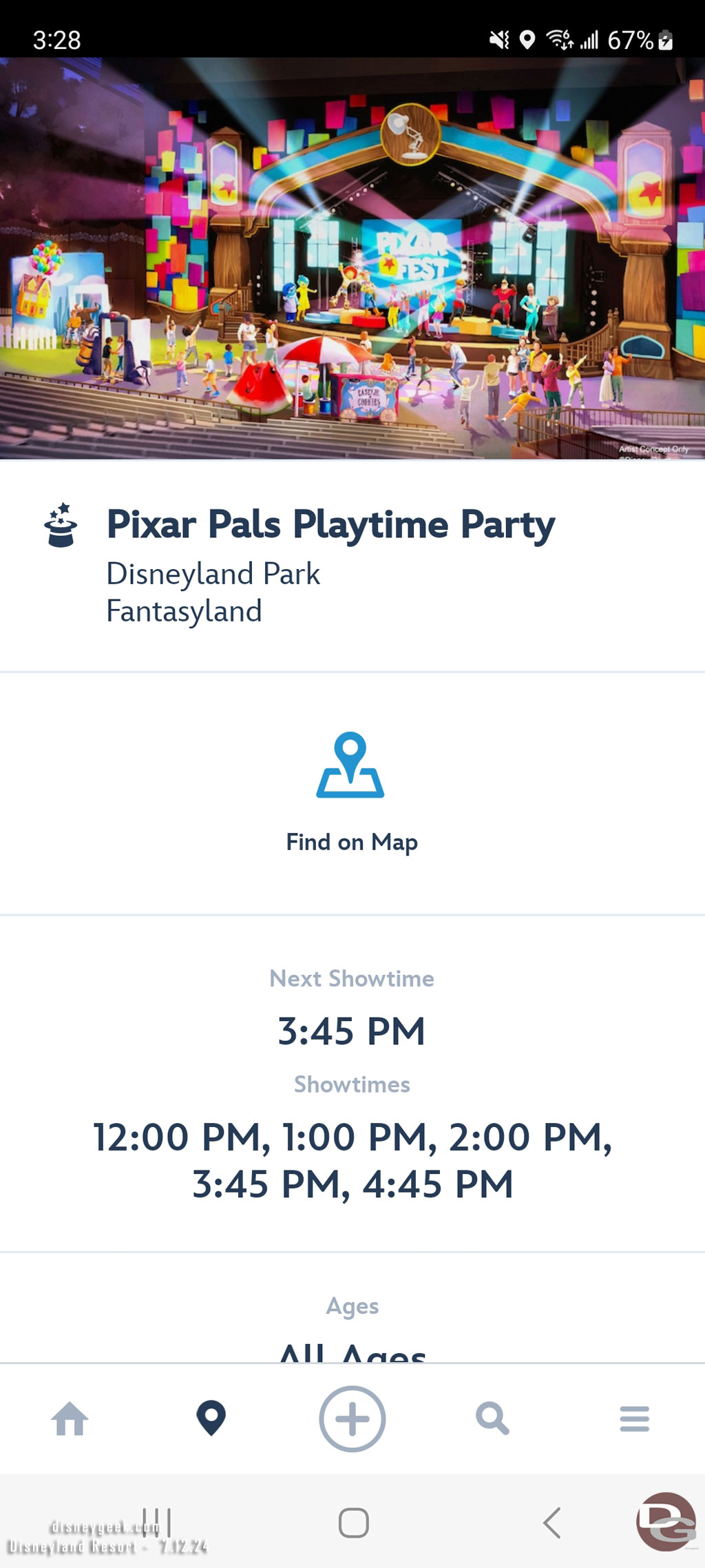 The Pixar Pals Playtime Party has show times in the app.