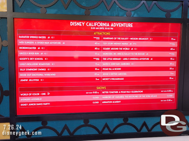 5:07pm - Disney California Adventure wait times