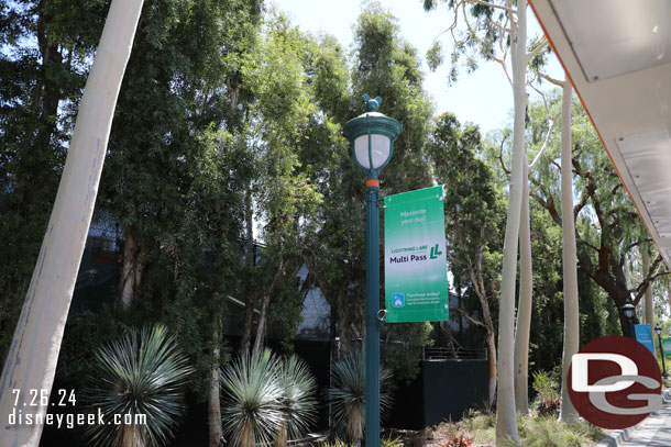 New Lightning Lane banners line the tram route.  The new system started Wednesday. Today it was priced at $30.