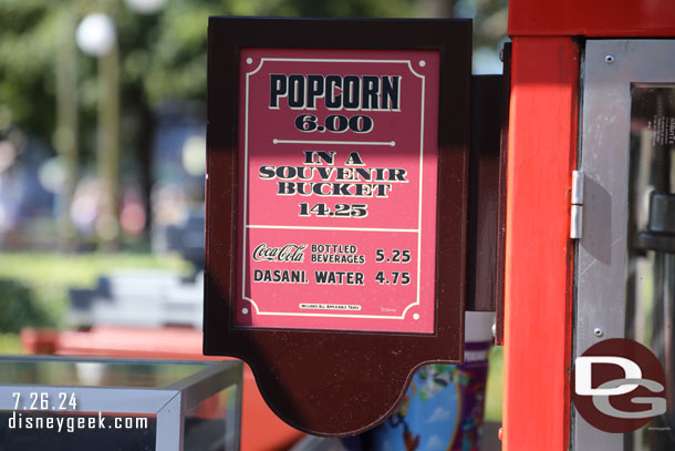 Since my last visit prices have gone up on most food items around the parks.  Current popcorn pricing in  Town Square.  Here are some menus from a walk through Adventureland, Frontierland and Main Street USA