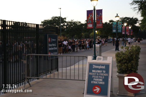 8:07pm - As I was leaving the security line from the parking structure to Downtown Disney was rather long.  Only two lanes were open.