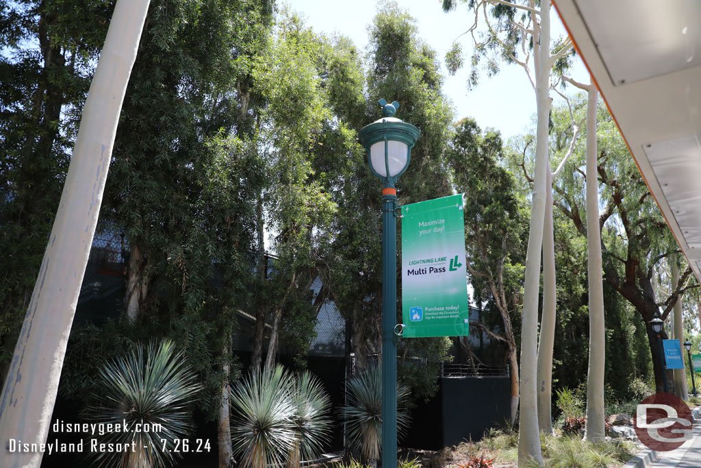 New Lightning Lane banners line the tram route.  The new system started Wednesday. Today it was priced at $30.