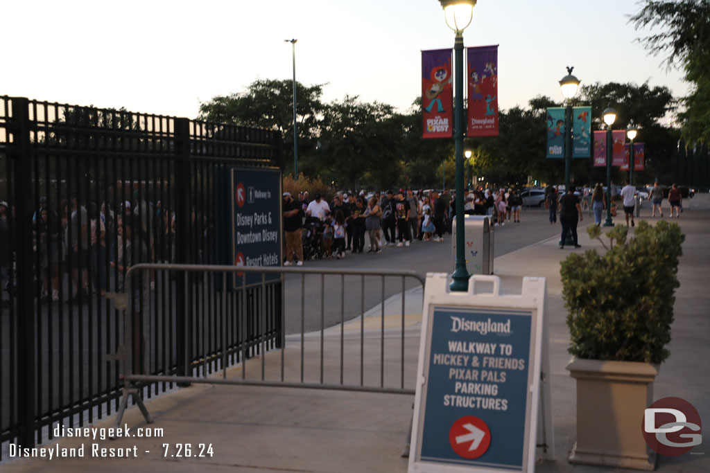 8:07pm - As I was leaving the security line from the parking structure to Downtown Disney was rather long.  Only two lanes were open.