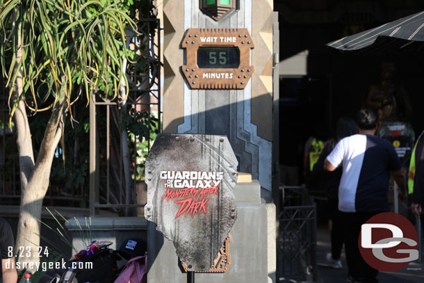 Guardians of the Galaxy Monsters After Dark was operating with a 55 min wait posted.