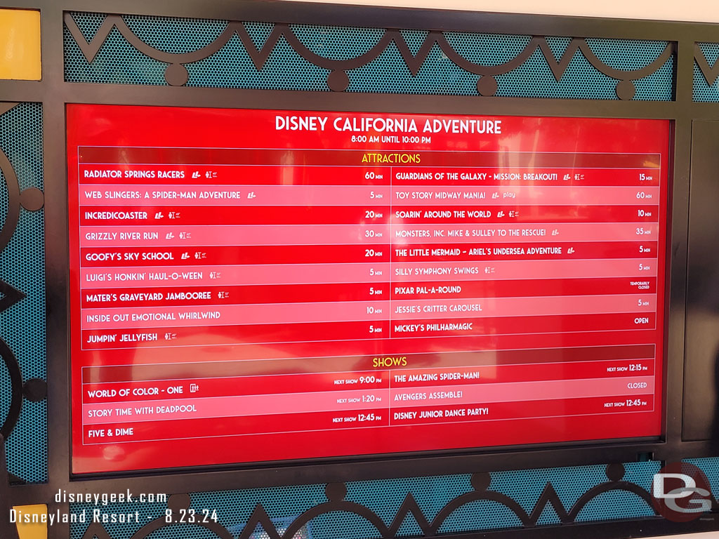 11:54am - Some Disney California Adventure wait times