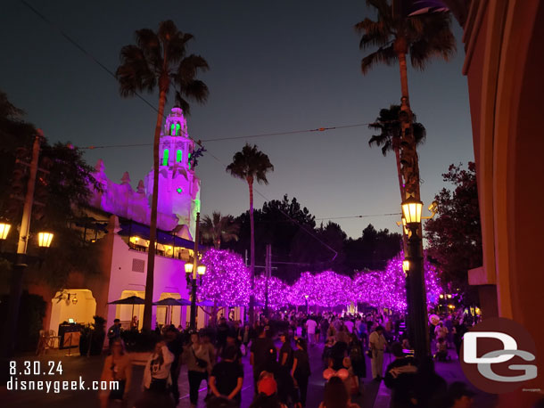 Buena Vista Street and its purple Halloween lights