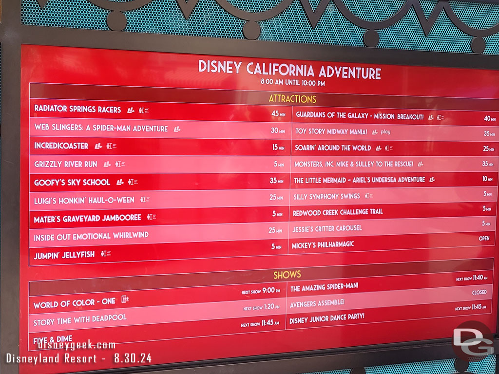 11:37am - Disney California Adventure wait times