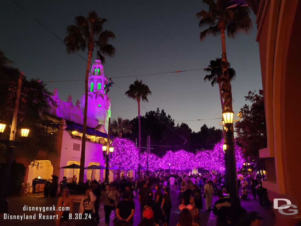 Buena Vista Street and its purple Halloween lights