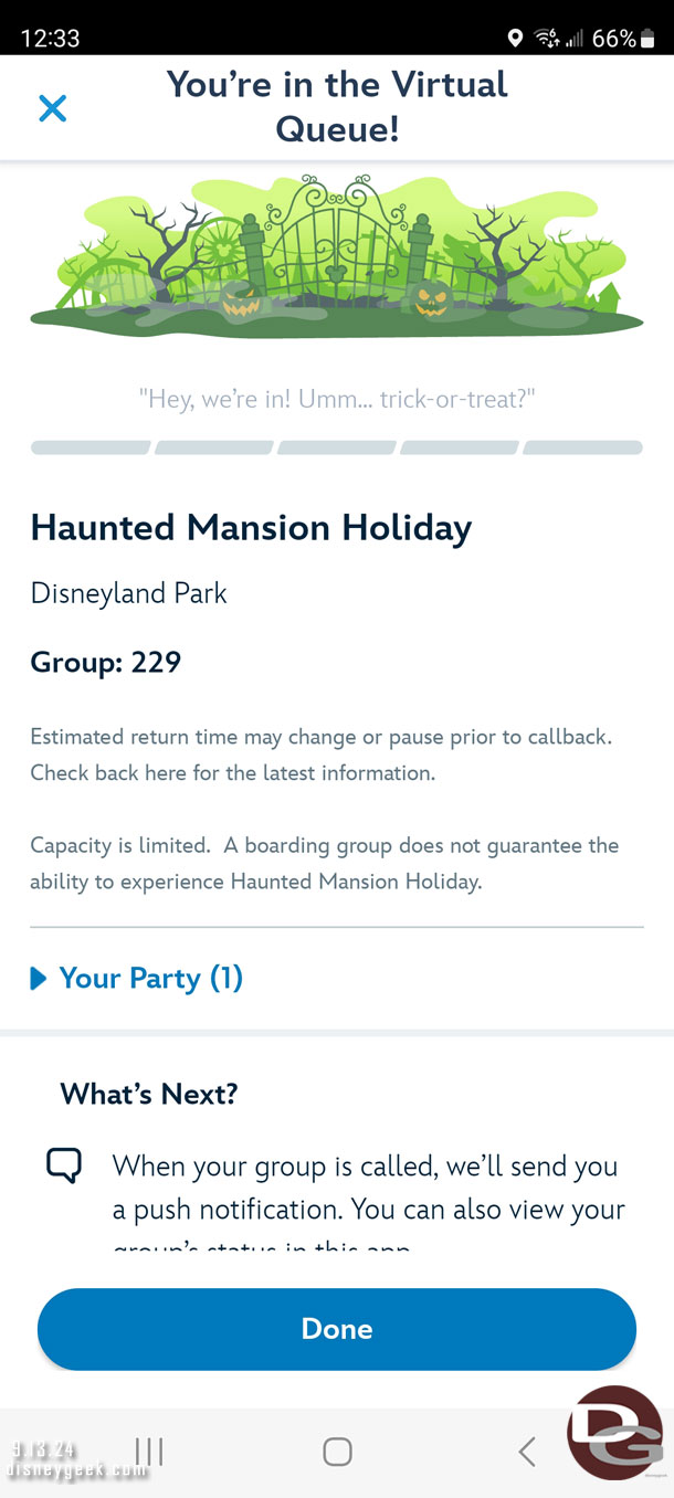 12:33 - Joined the Virtual Queue for the Haunted Mansion