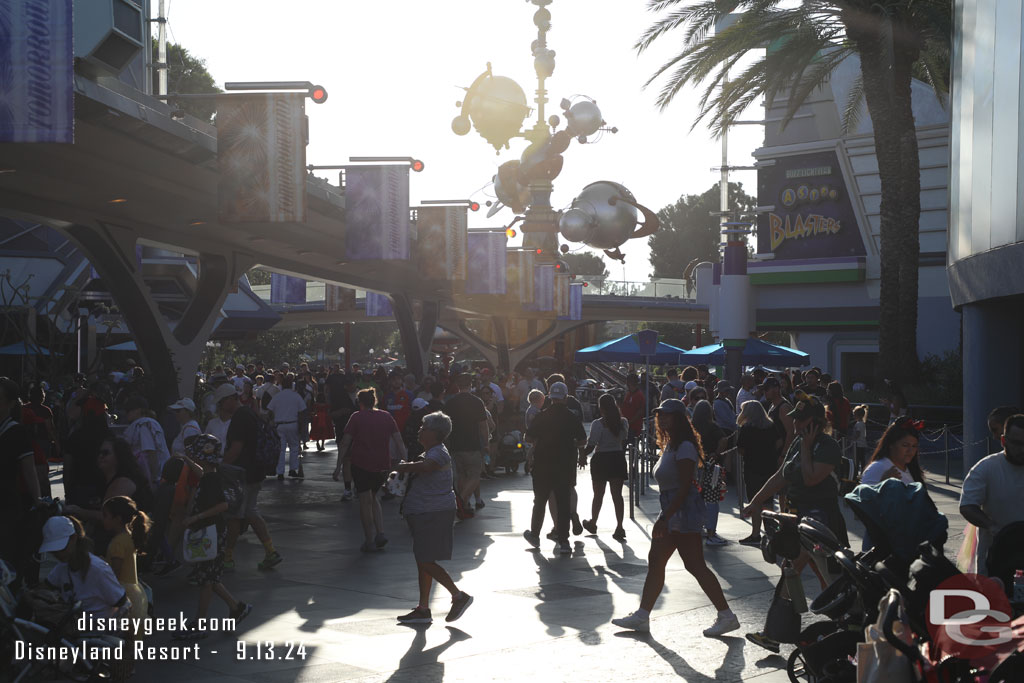 Walking through Tomorrowland as the sun was setting.