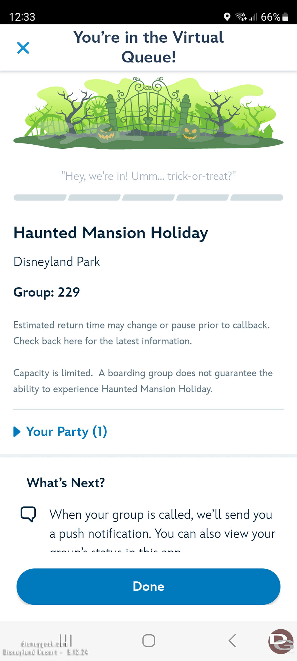 12:33 - Joined the Virtual Queue for the Haunted Mansion