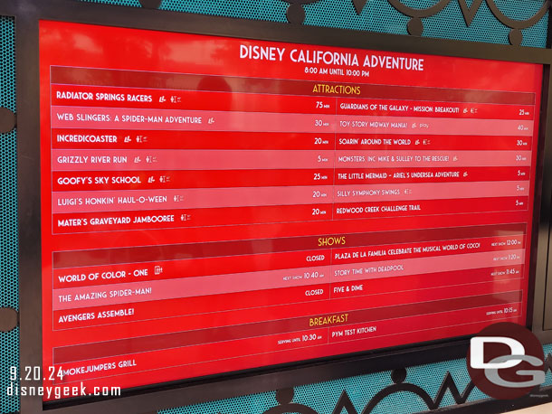 10:15am - Disney California Adventure wait times