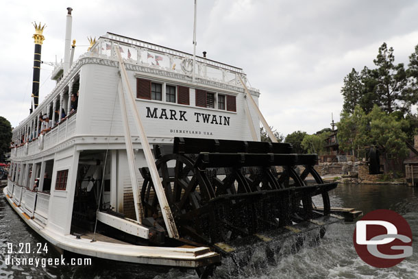 The Mark Twain had to stop to allow a Tom Sawyer Island raft to cross.