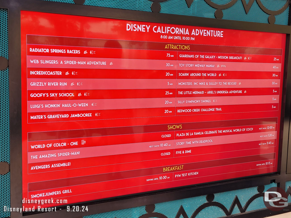 10:15am - Disney California Adventure wait times