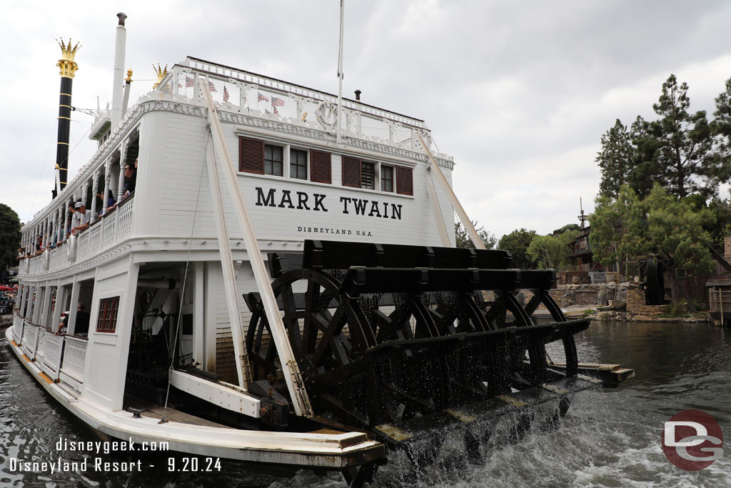 The Mark Twain had to stop to allow a Tom Sawyer Island raft to cross.