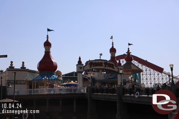 Scaffolding is down from the entrance to Pixar Pier