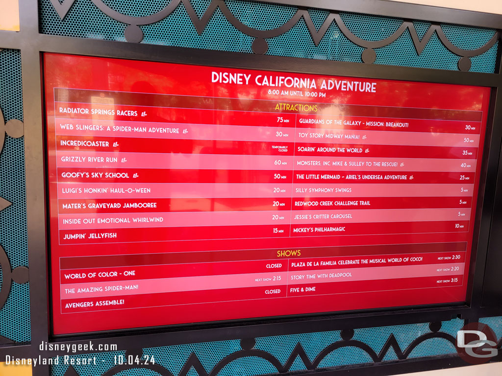 1:49pm - Disney California Adventure wait times