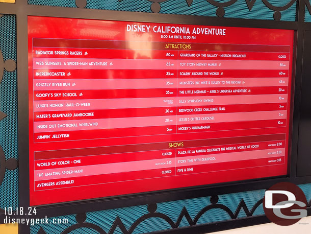 2:10pm - Disney California Adventure wait times