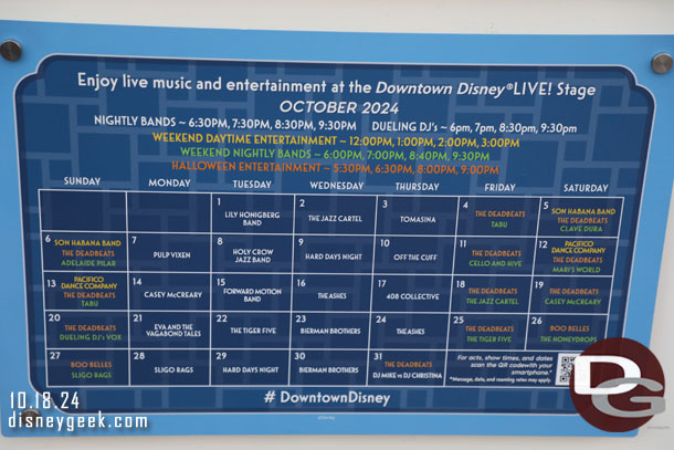 Downtown Disney entertainment for the month.