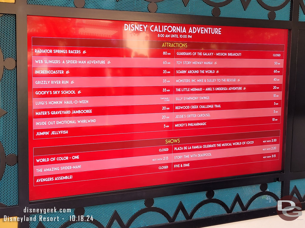 2:10pm - Disney California Adventure wait times