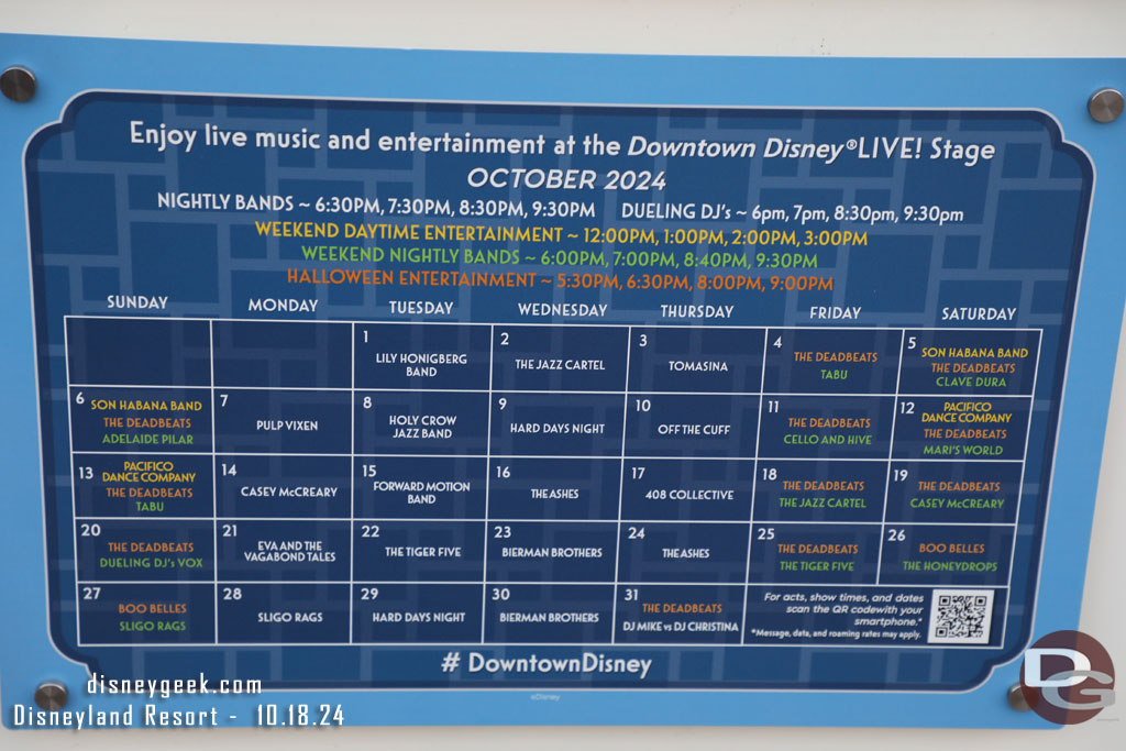 Downtown Disney entertainment for the month.