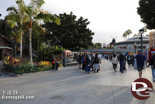 The Monorail has not opened yet and the line stretches toward the Trading Post