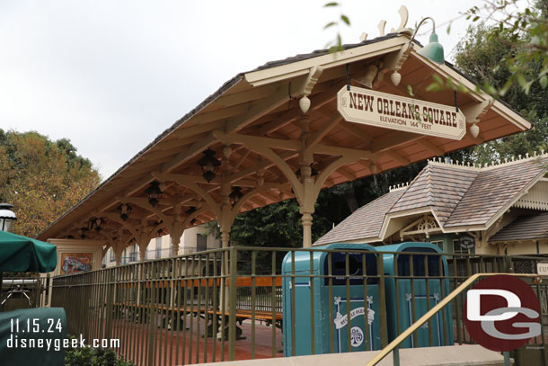 The New Orleans Square Train Station has no decorations on it yet.