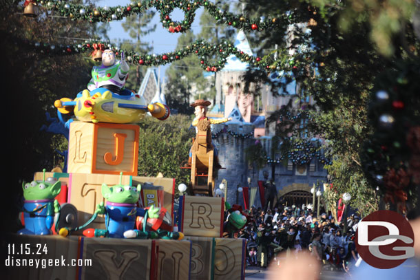 Buzz and Woody making their way down the street, the large Toy Factory float is not part of the parade this year.