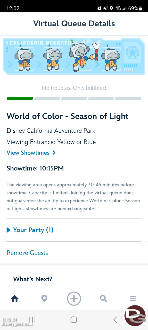 At noon I picked up a virtual boarding group for World of Color. I did not pay attention but someone pointed out they got 10:15 not 9pm, I checked and noticed the same. That was odd considered I joined right at noon.