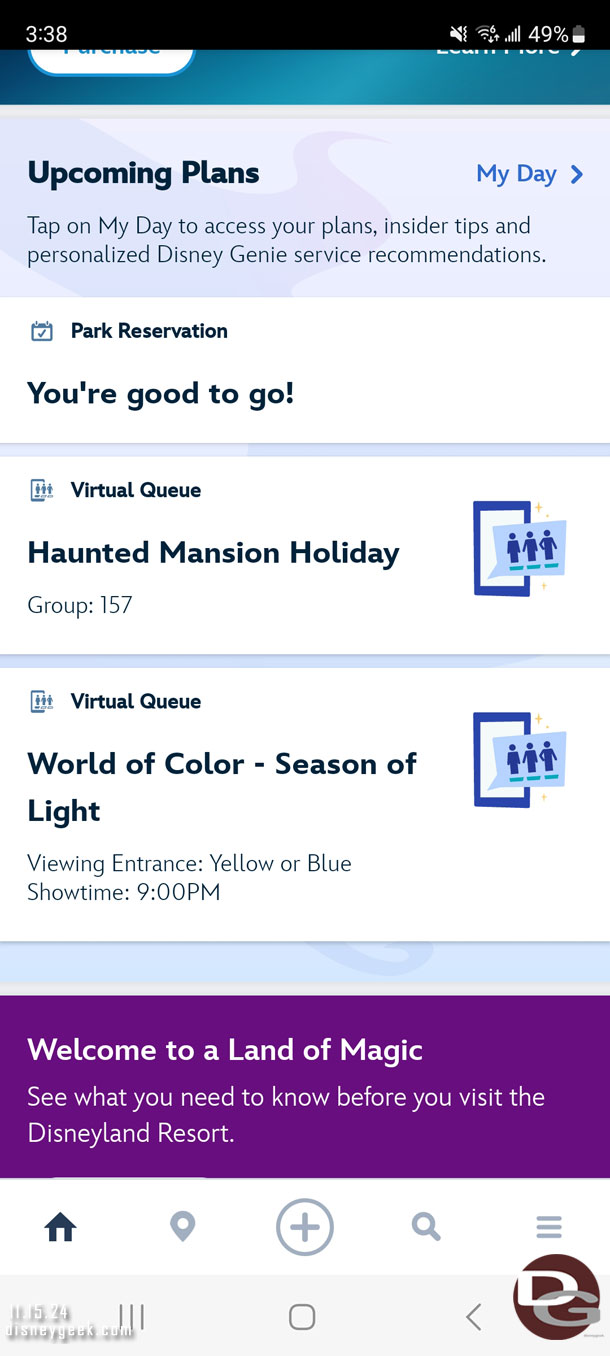 Noticed my World of Color time shifted to the 9pm show. I did not receive any notice.  The only notifications I seem to get are the mobile order ones.