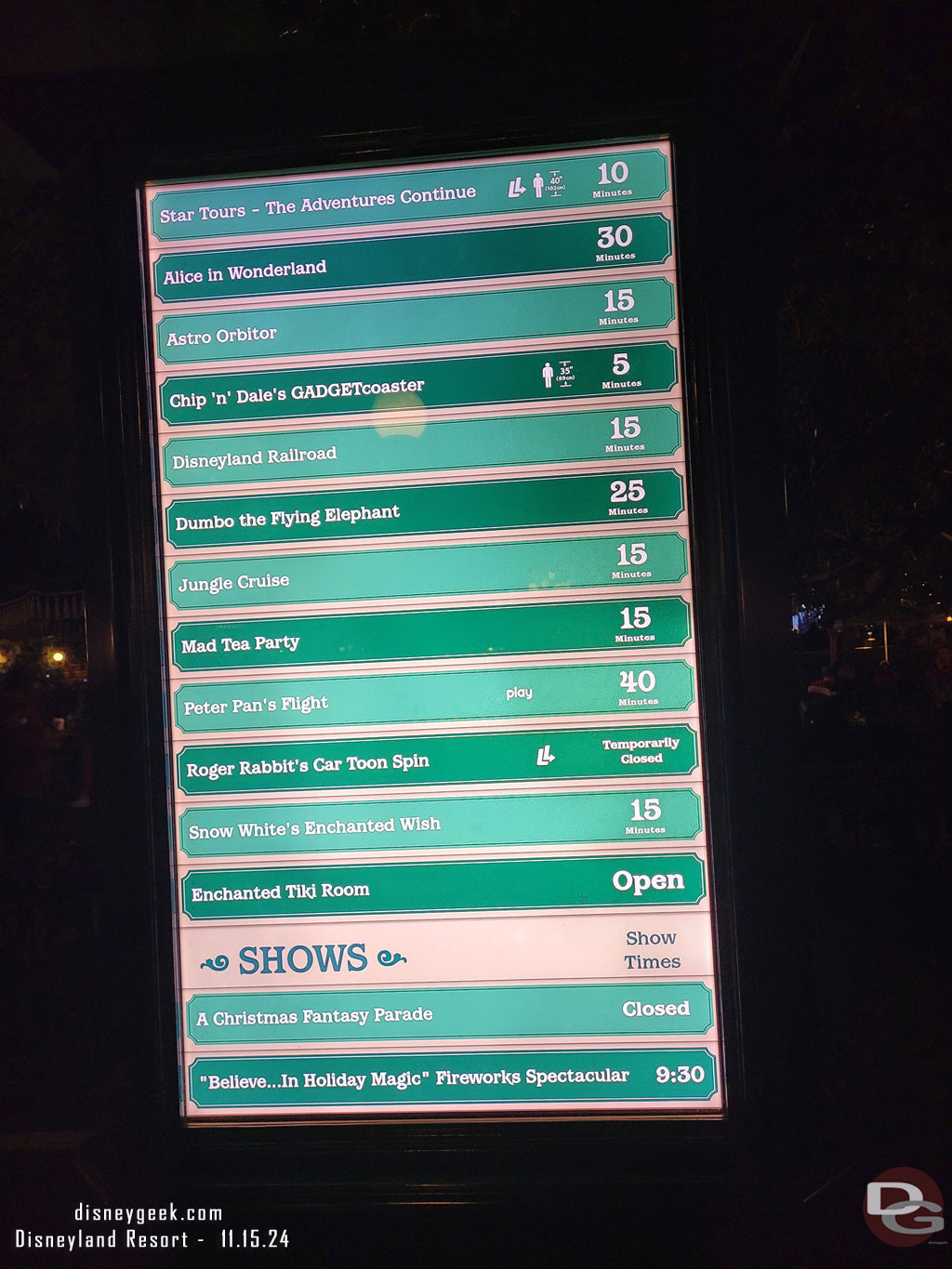 7:09pm - Disneyland Wait times