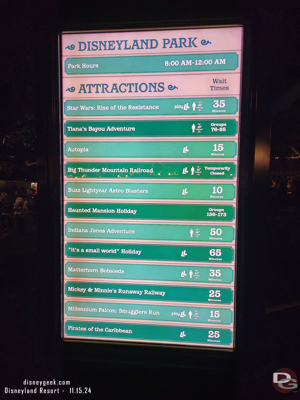 7:09pm - Disneyland Wait times