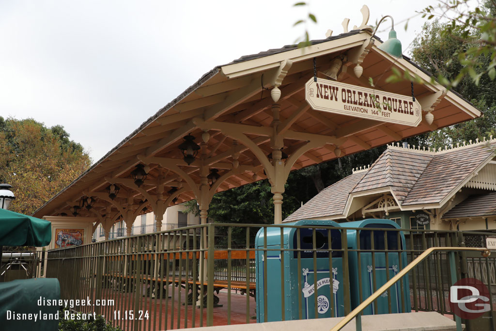 The New Orleans Square Train Station has no decorations on it yet.