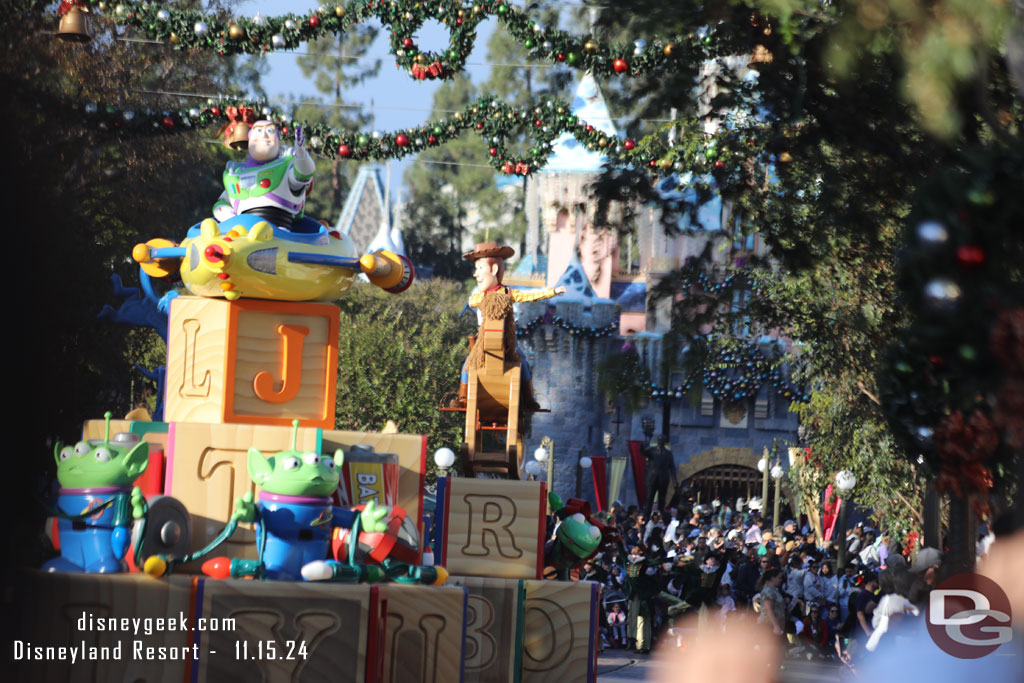 Buzz and Woody making their way down the street, the large Toy Factory float is not part of the parade this year.