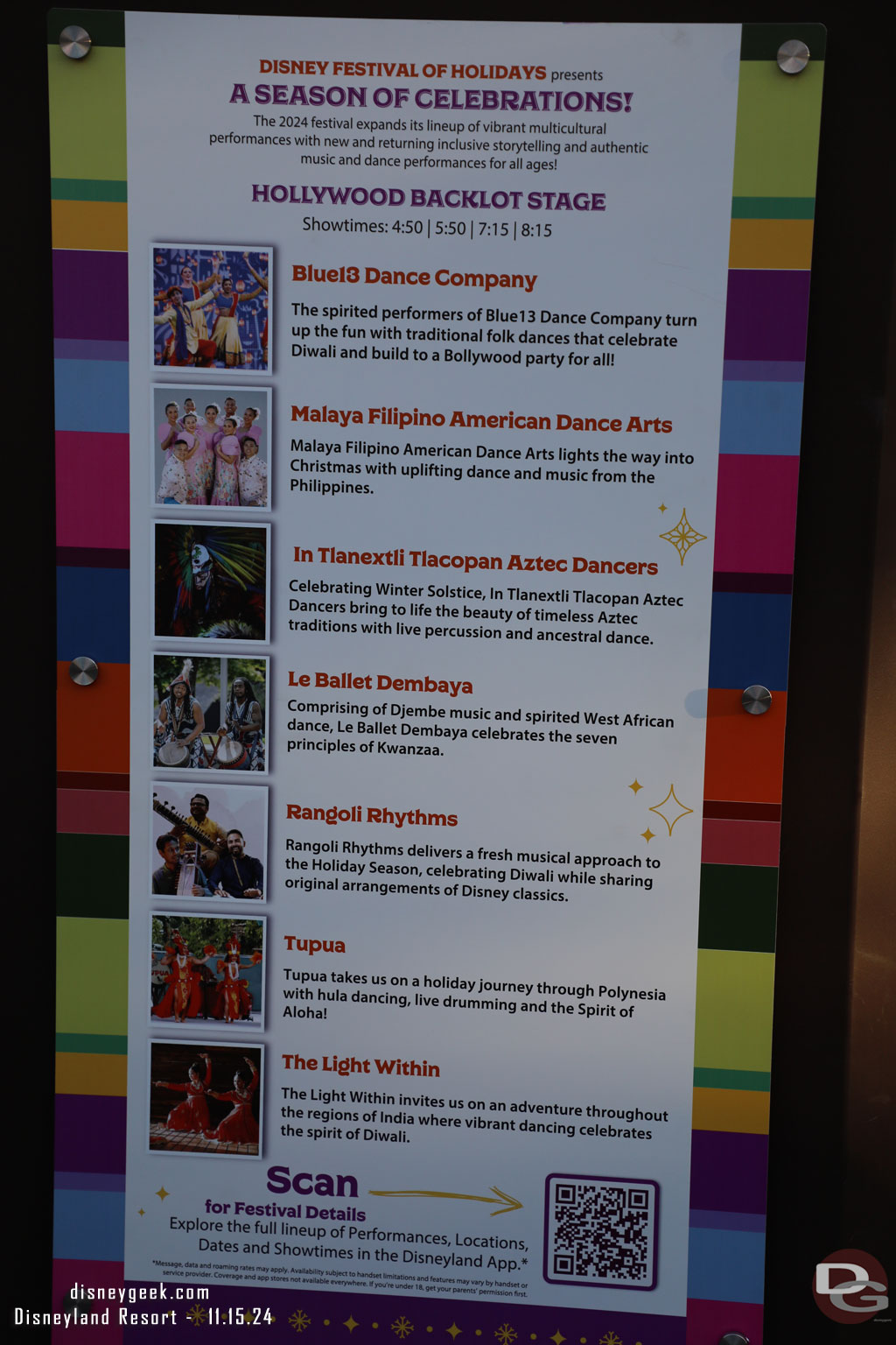 The Backlot Stage schedule for the Festival of Holidays